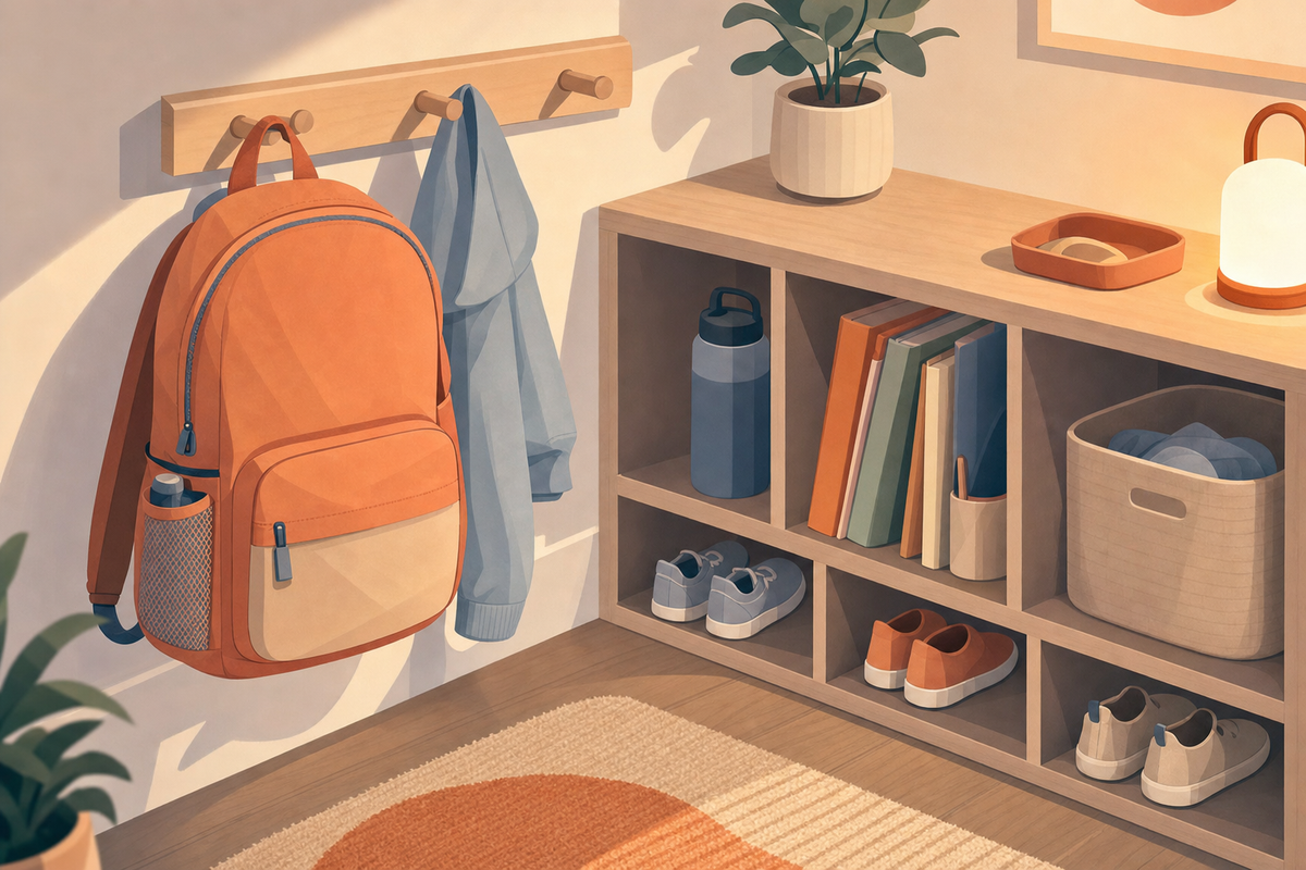 Organized entryway with backpack, shoes, and school supplies neatly arranged on wall hooks and cubbies in soft pastel colors