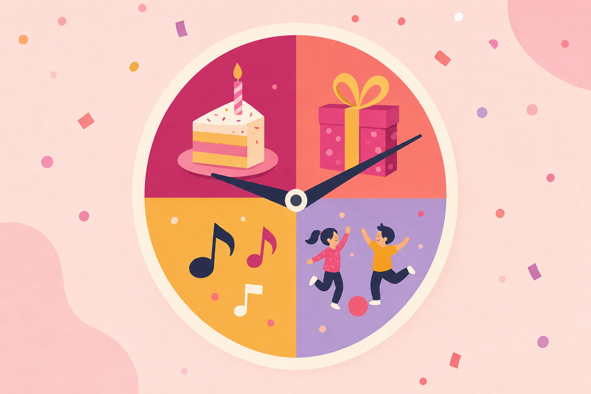Illustrated clock divided into colorful segments representing different party activities, symbolizing a well-planned party schedule