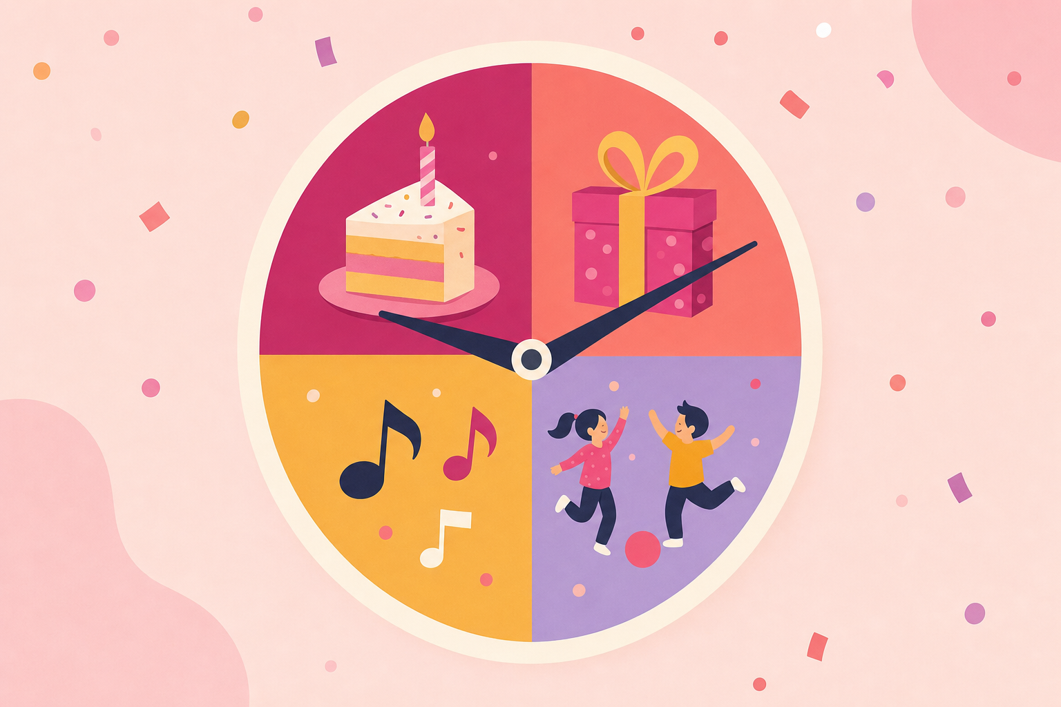 Illustrated clock divided into colorful segments representing different party activities, symbolizing a well-planned party schedule