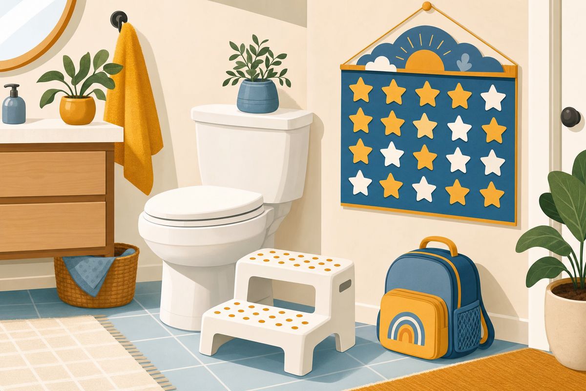 Flat illustration of a bathroom with a step stool, potty training chart, and child's belongings, representing potty training success at home