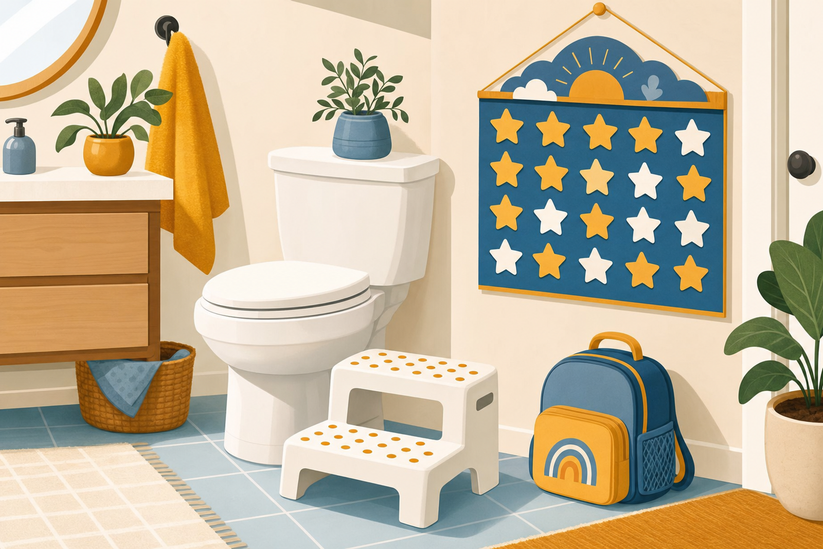 Flat illustration of a bathroom with a step stool, potty training chart, and child's belongings, representing potty training success at home