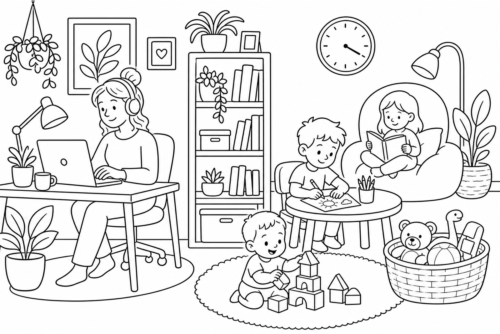 Coloring page showing a parent working on a laptop in a home office while two children quietly play, draw, and read nearby in the same room.