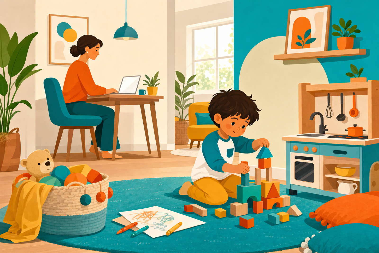 Flat illustration of a parent working on a laptop in the background while a young child plays independently nearby with blocks, crayons, and toys, in a bright teal and orange color palette.
