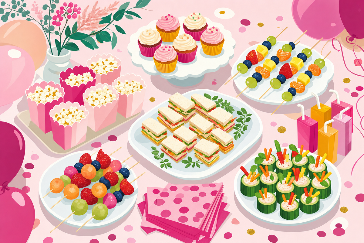 Flat illustration of a colorful kids' birthday party food table with fruit skewers, mini sandwiches, cupcakes, and snacks, styled in a festive confetti-pink palette.