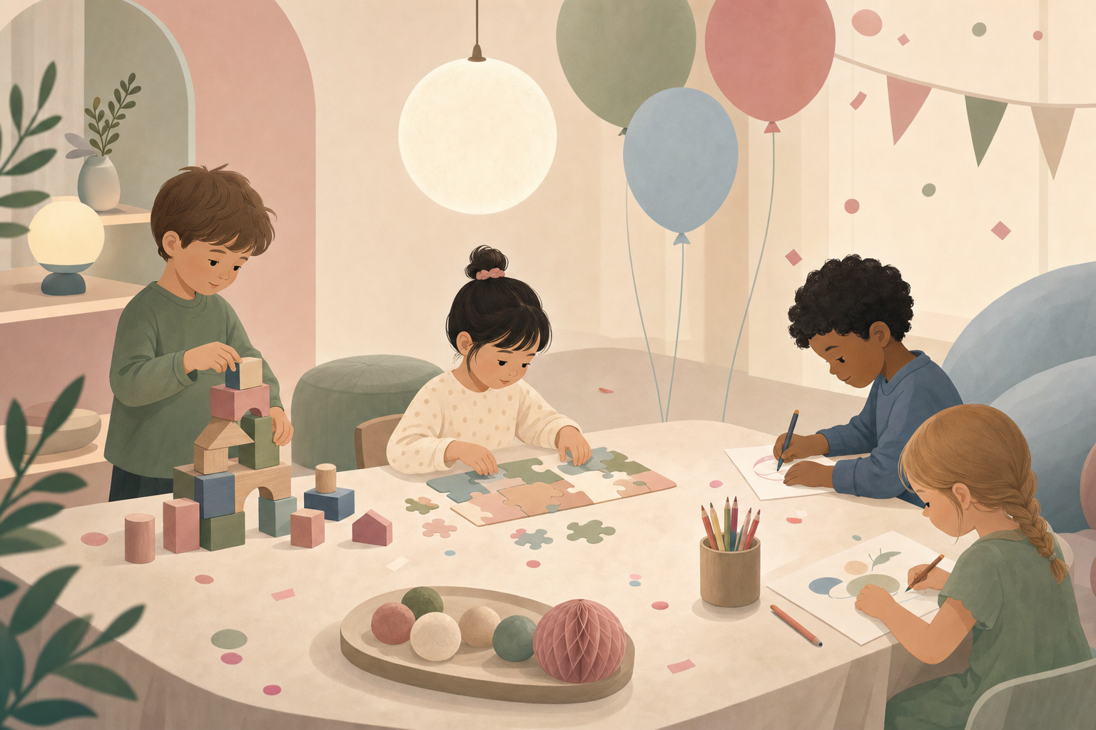 Illustration of children peacefully engaged in quiet individual activities at a calm birthday party with soft colors and gentle lighting