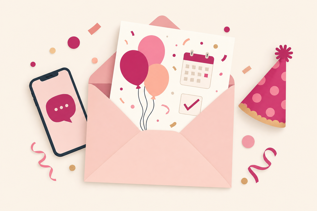Flat illustration of a birthday invitation with RSVP card, confetti, and a smartphone chat bubble representing clear invitation wording for parents.