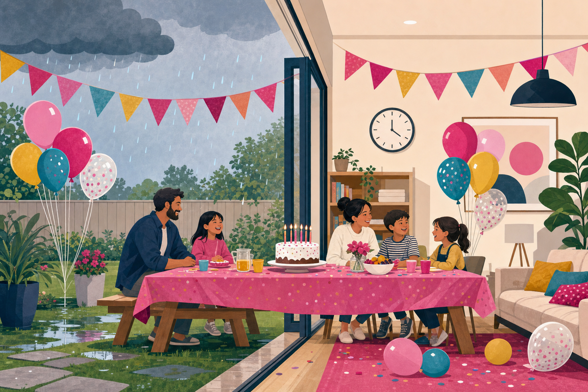 Flat illustration showing a kids' birthday party seamlessly moving from a rainy backyard to a cozy indoor space, symbolizing a smooth bad-weather backup plan.