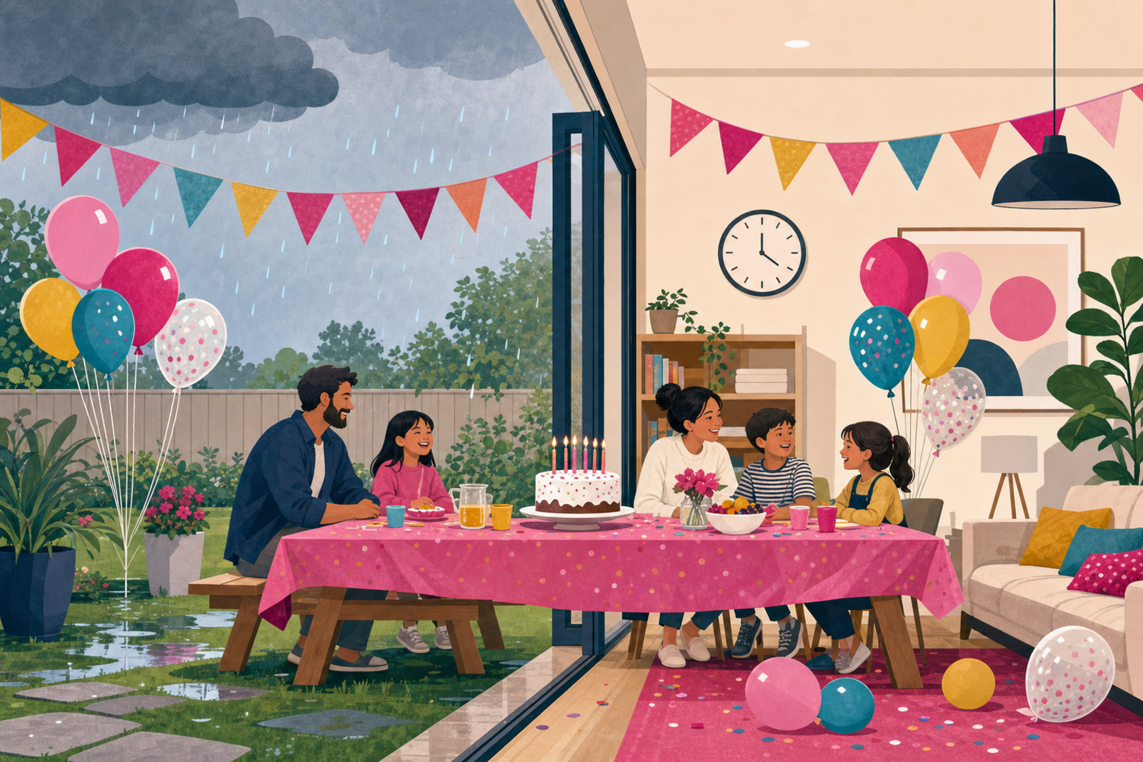 Flat illustration showing a kids' birthday party seamlessly moving from a rainy backyard to a cozy indoor space, symbolizing a smooth bad-weather backup plan.