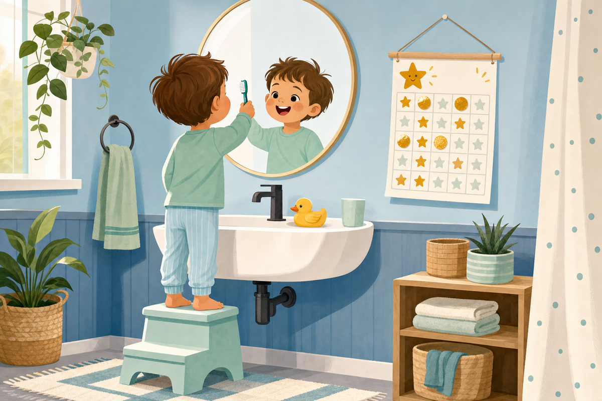 Flat illustration of a toddler brushing their teeth in front of a bathroom mirror next to a printable reward chart decorated with gold star stickers.