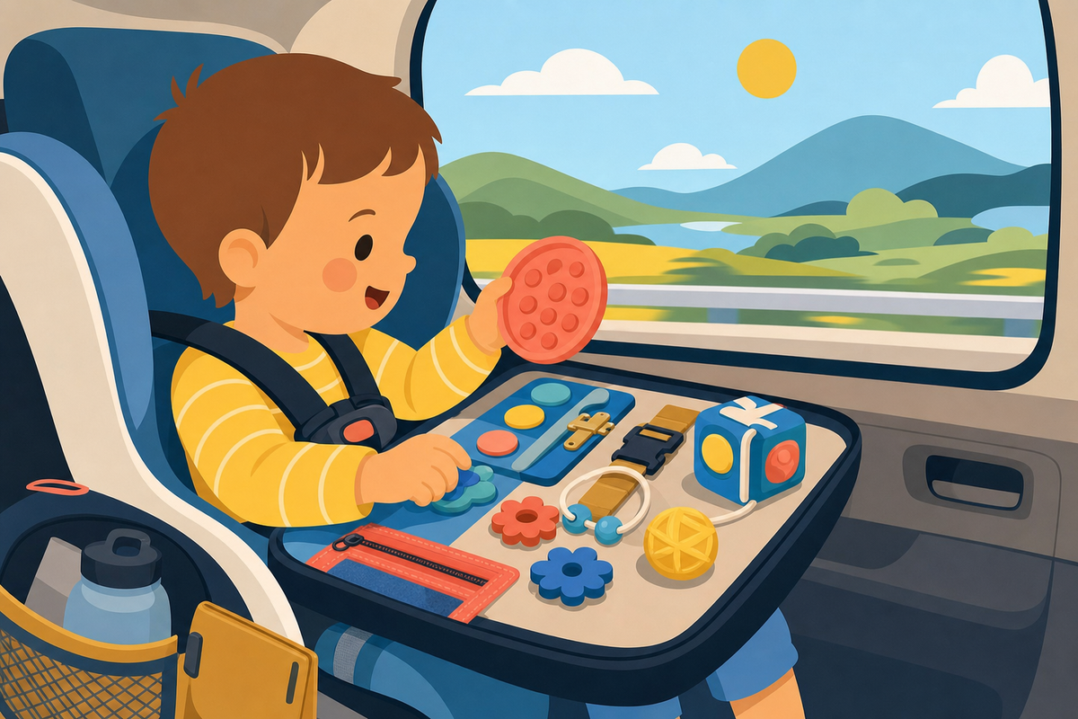 Toddler playing with sensory toys and activity boards in a car seat during a road trip