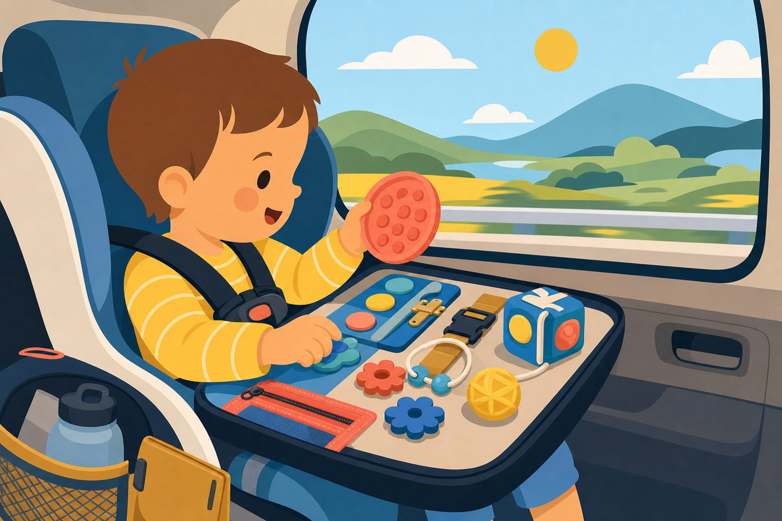 Toddler playing with sensory toys and activity boards in a car seat during a road trip