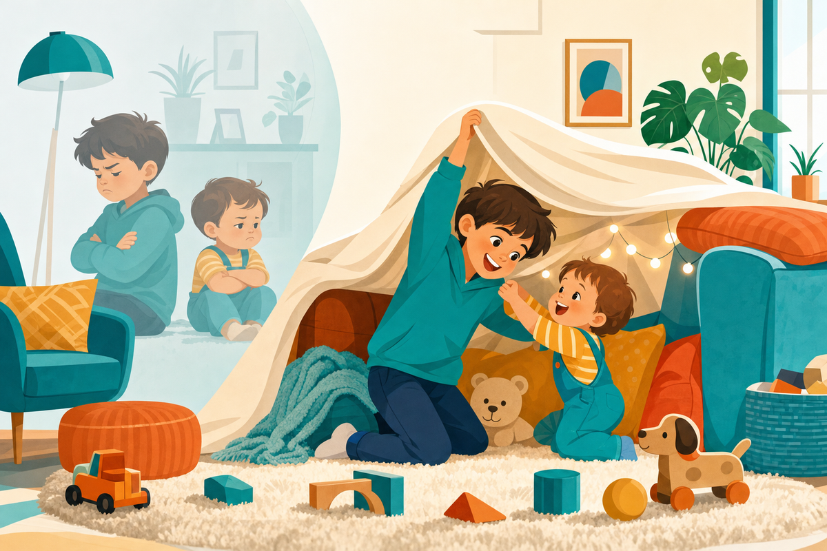 Flat illustration of two young siblings happily building a blanket fort together indoors, representing screen-free play ideas for bored, bickering kids ages 2 to 10.