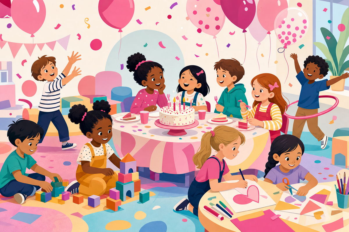 Illustration of diverse children enjoying different activities together at a birthday party with balloons and cake