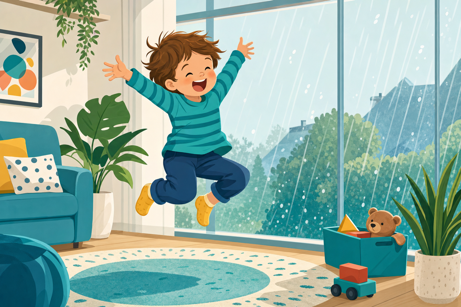 Illustration of a happy 4-year-old child playing indoors on a rainy day