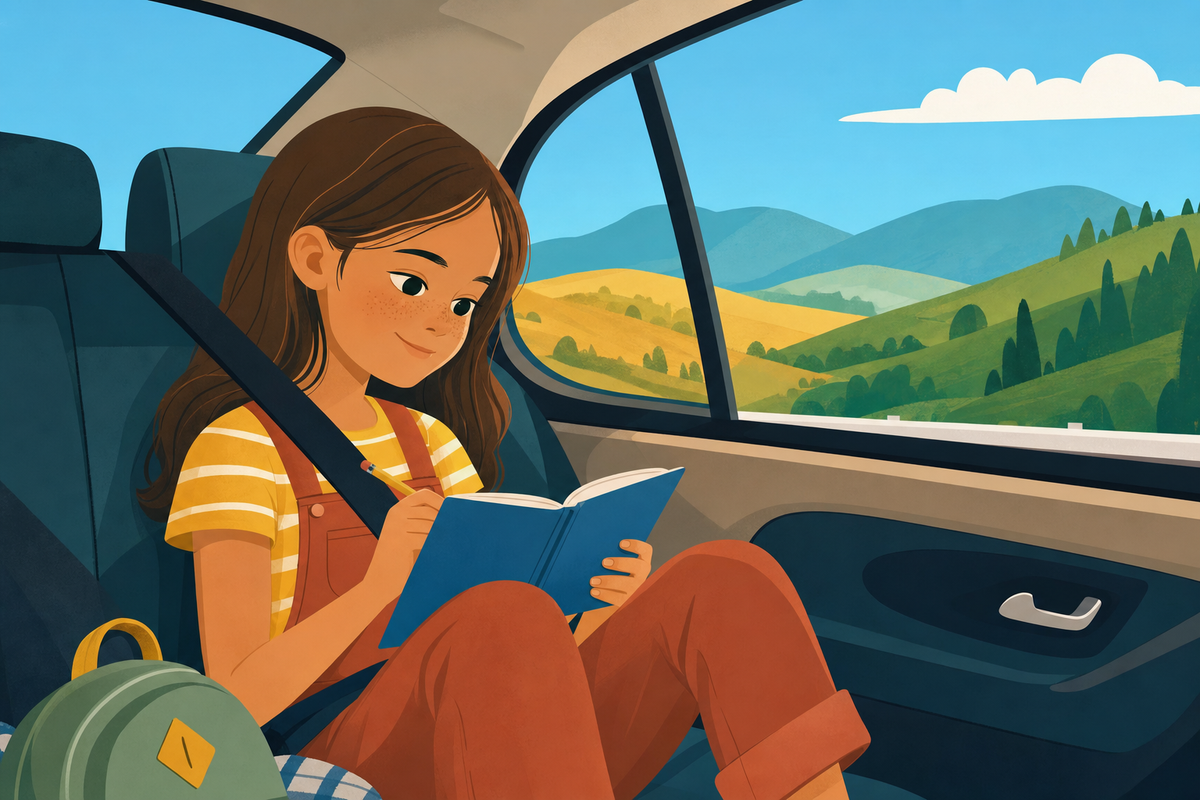 Illustration of an engaged preteen in a car working on a travel activity during a road trip