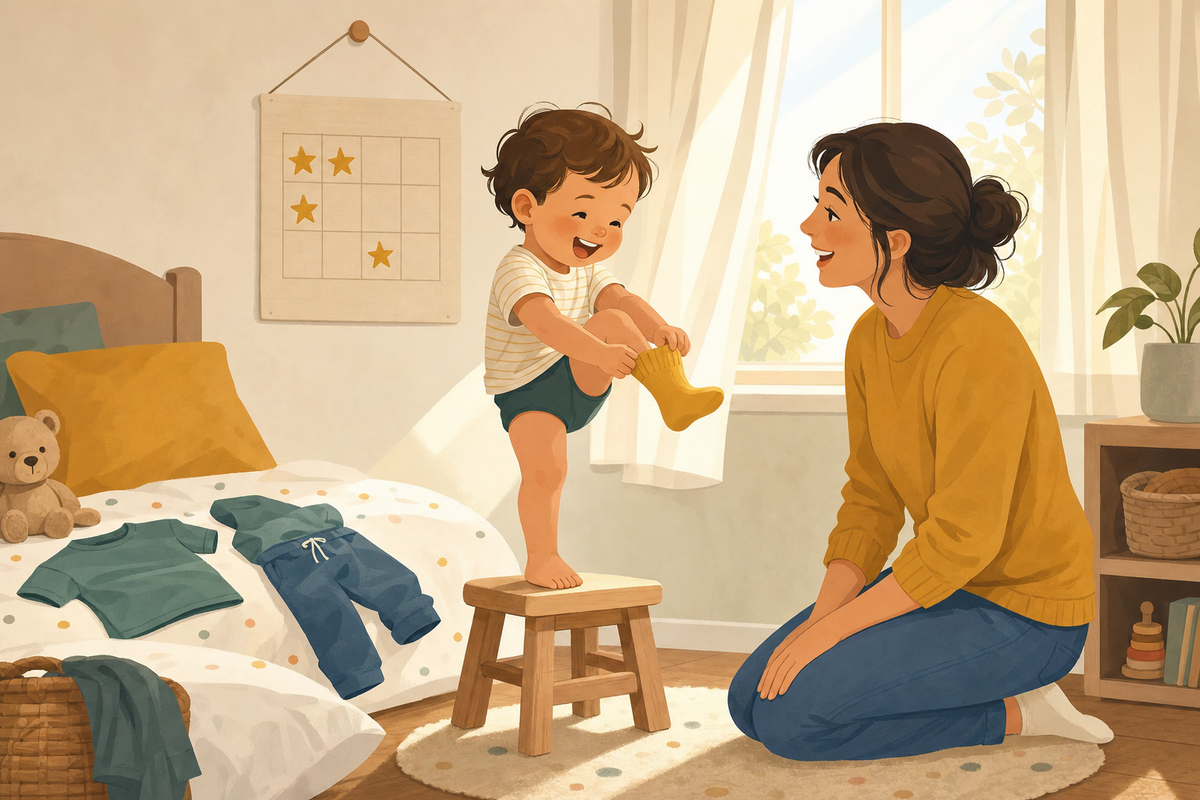 Flat illustration of a toddler getting dressed with help from a parent, with a sticker chart featuring gold stars hanging on the bedroom wall.