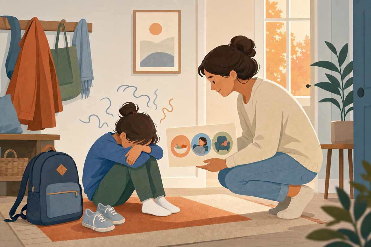 Illustration of a tired child slumped by the door after school while a calm parent offers a simple picture-based routine chart.