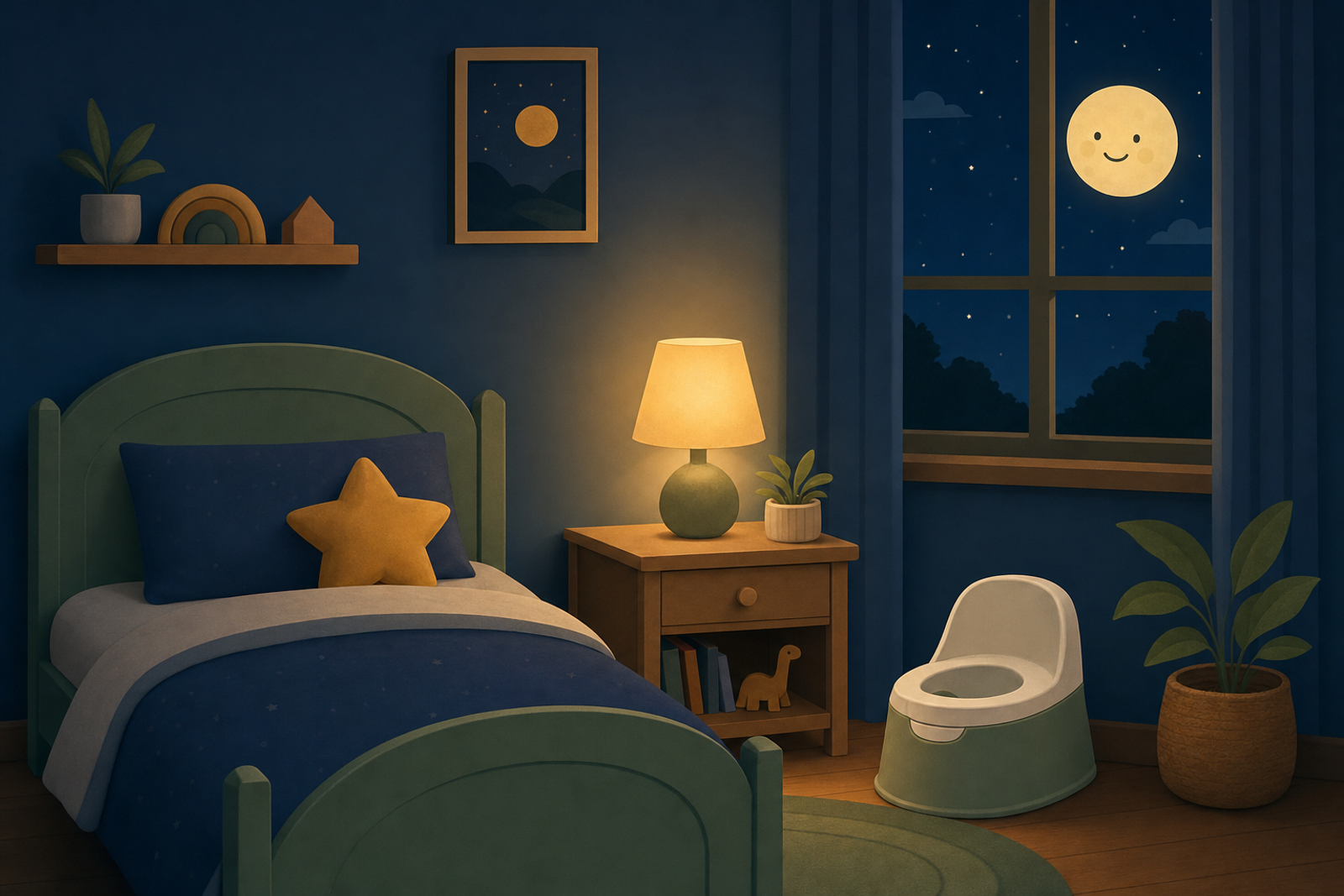 Peaceful nighttime bedroom illustration with bedside lamp and moon, representing bedtime potty training routine