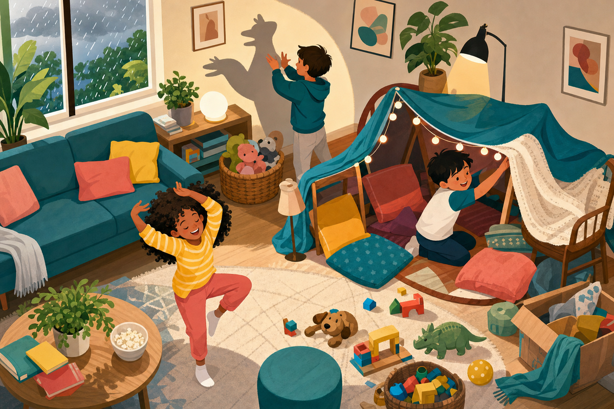 Overhead view of children playing spontaneous indoor games in a cozy living room while rain falls outside the window