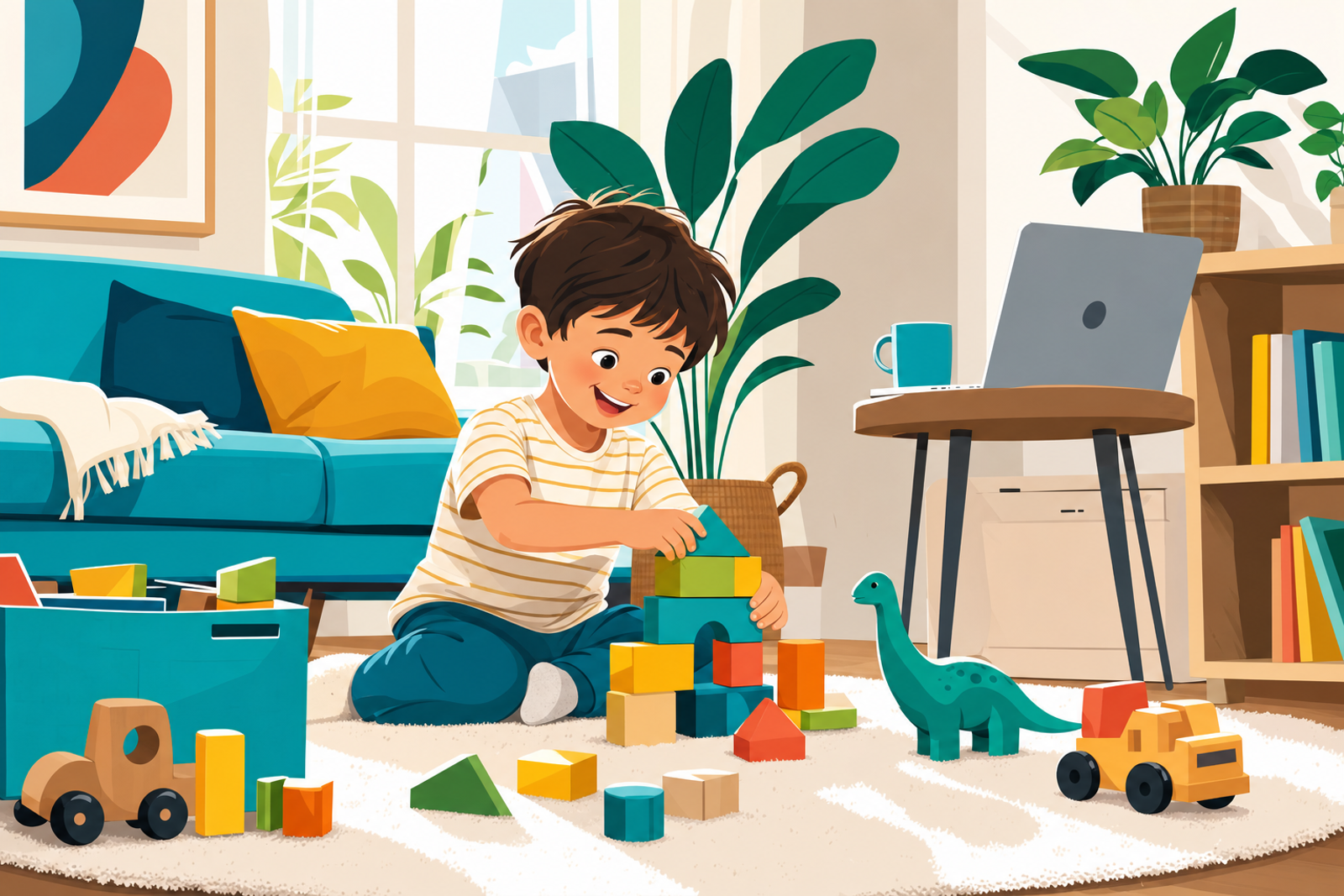 Child playing independently with blocks and toys while parent works from home