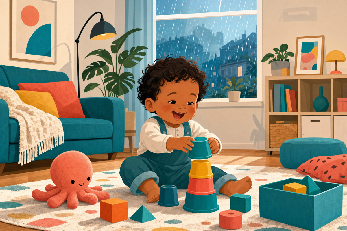 Cheerful toddler playing with colorful stacking toys indoors on a rainy day