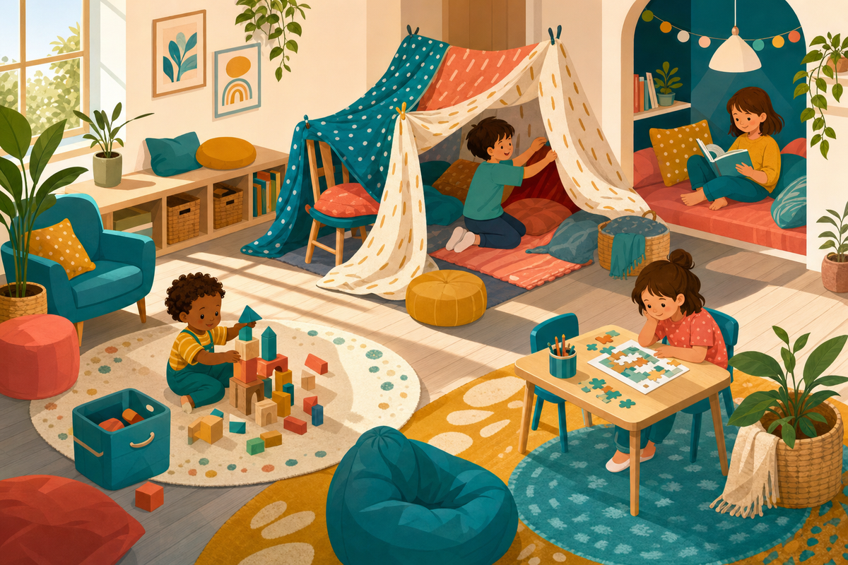 Flat illustration of a living room with several independent play zones where children build a fort, stack blocks, draw, and read books without screens.