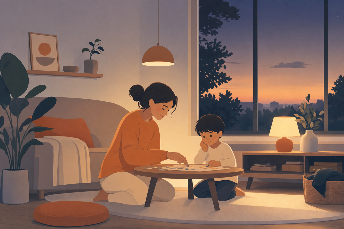 Peaceful evening scene of parent and child together in a warmly lit living room after work