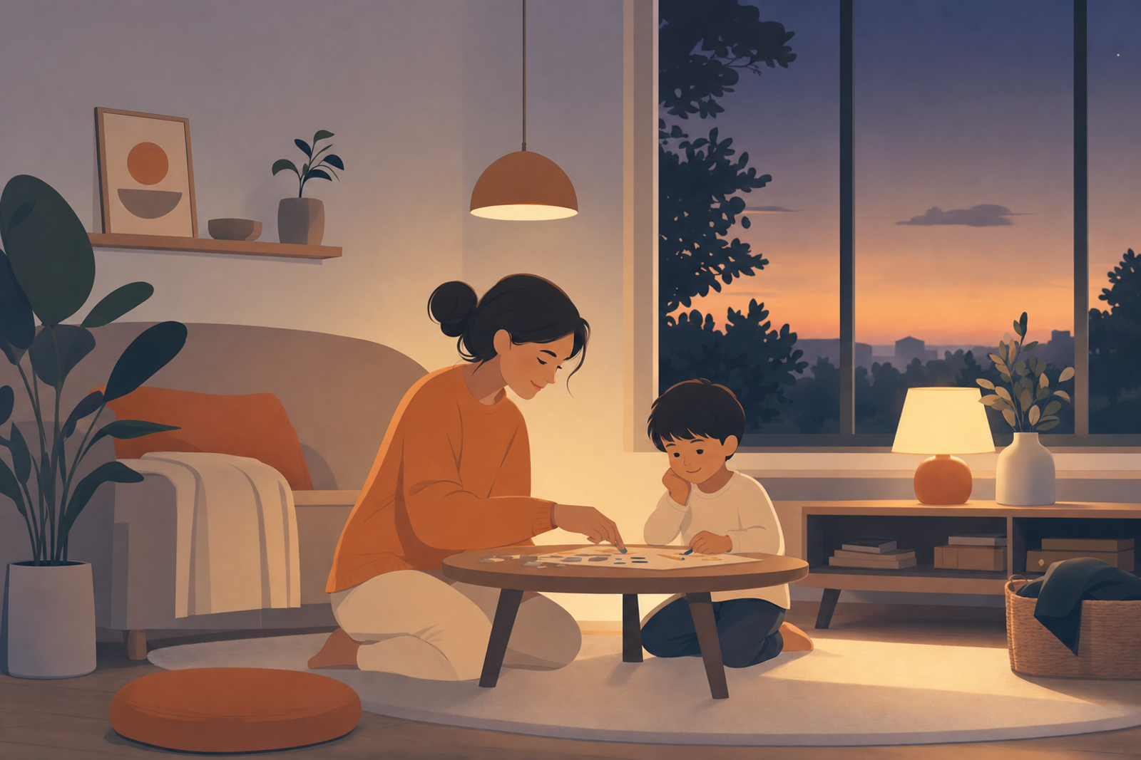 Peaceful evening scene of parent and child together in a warmly lit living room after work