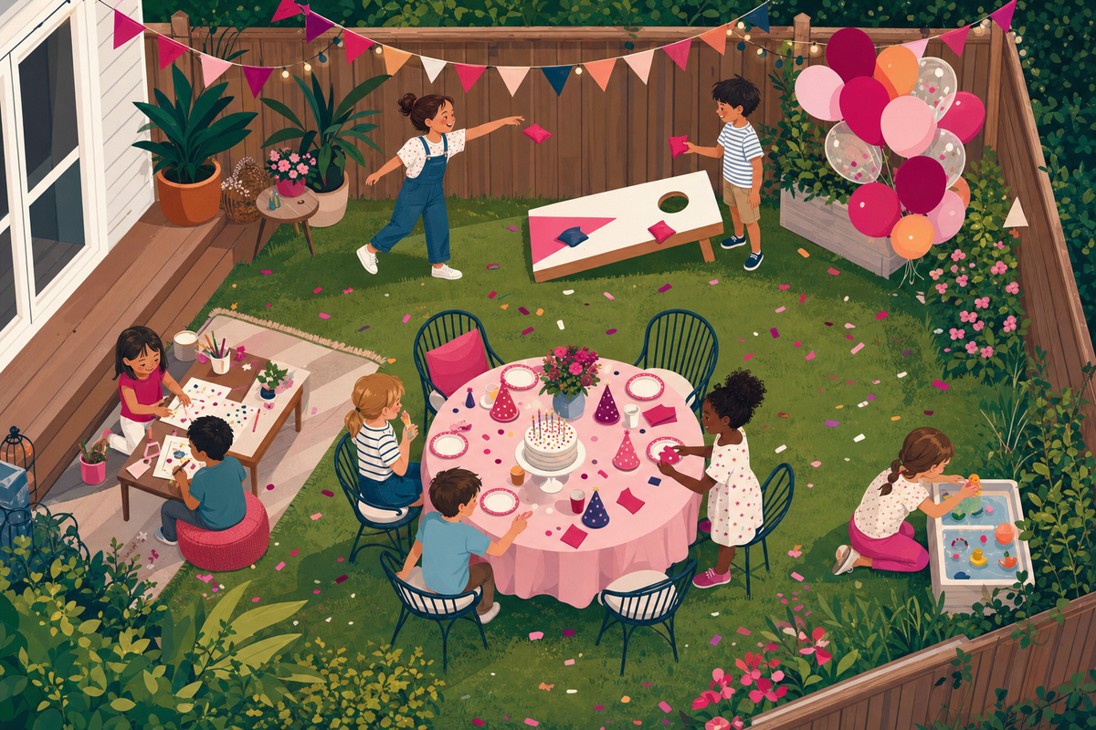 Overhead view illustration of a festive small backyard birthday party with colorful decorations, activity stations, and children playing games in a compact space