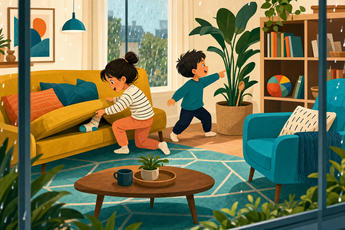 Flat illustration of two young siblings happily searching for hidden household items during an indoor scavenger hunt on a rainy day, with a bright teal accent chair and rug in a cozy living room.