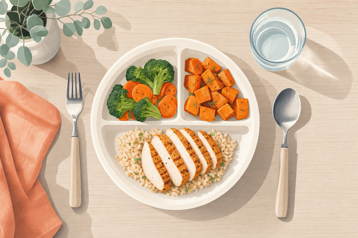 Overhead view of an organized dinner place setting with divided plate and colorful food portions