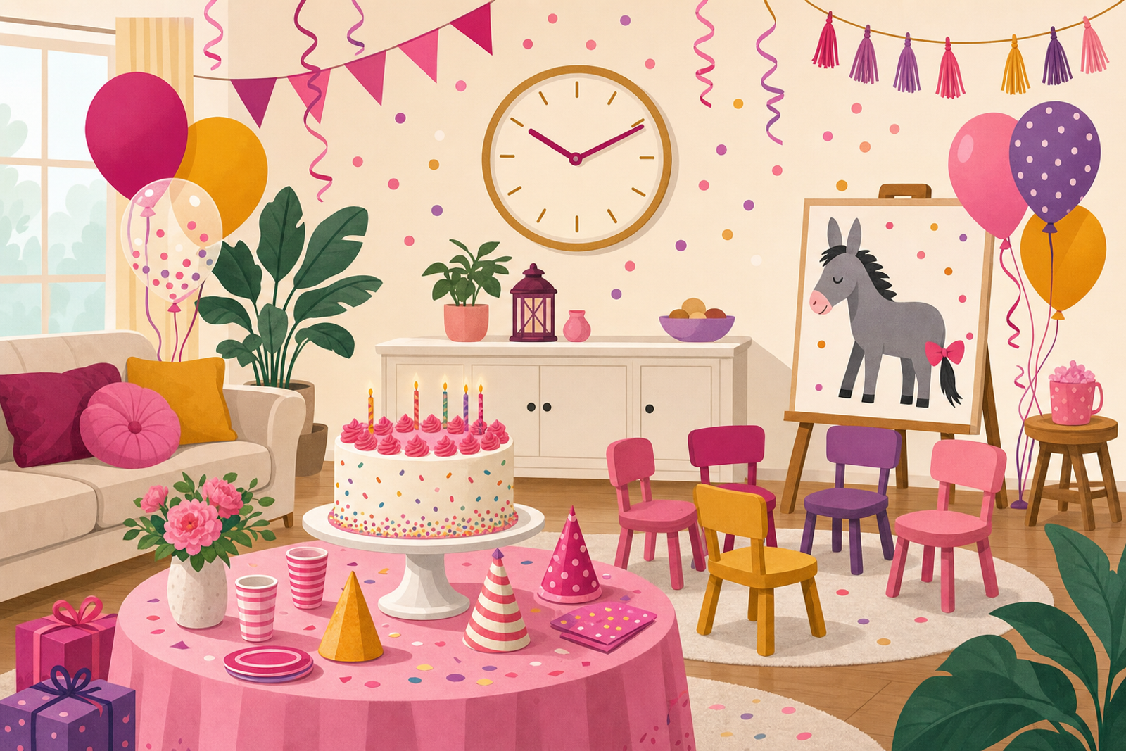 Flat illustration of a well-organized 5-year-old birthday party setup with colorful decorations, birthday cake, balloons, simple games, and a clock showing the party timeline