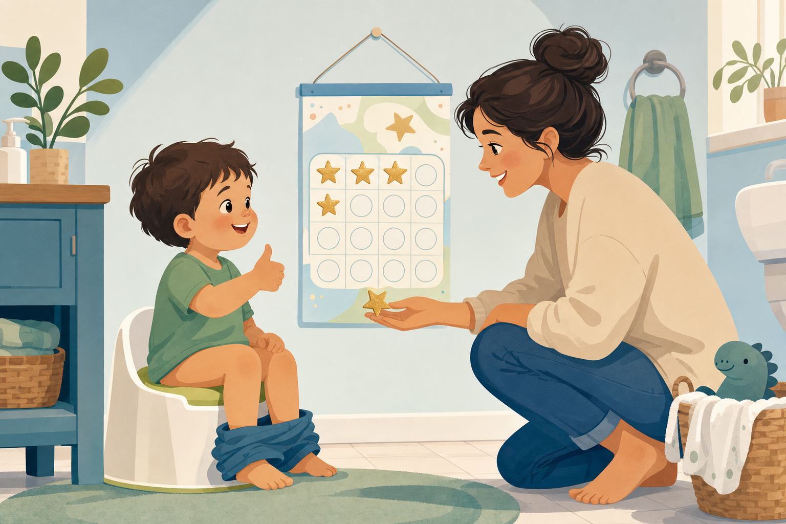 Illustration of a parent encouraging a toddler on a potty beside a colorful sticker chart with gold stars, representing potty training progress.