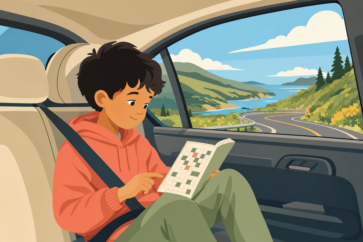 Child engaged with puzzle activities in car backseat during road trip with scenic landscape visible through window