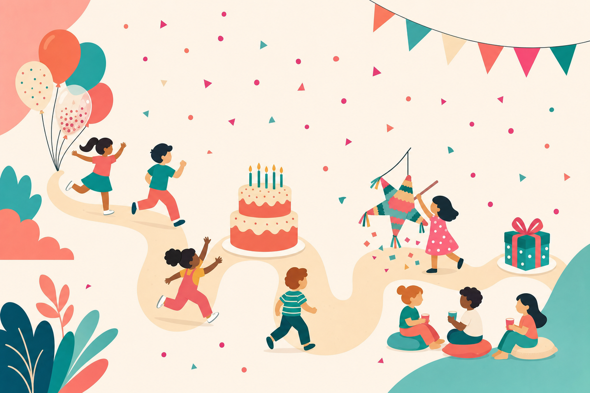 Flat illustration of a winding party timeline path with icons for balloons, cake, games, and gifts, showing kids' energy shifting from lively to calm.