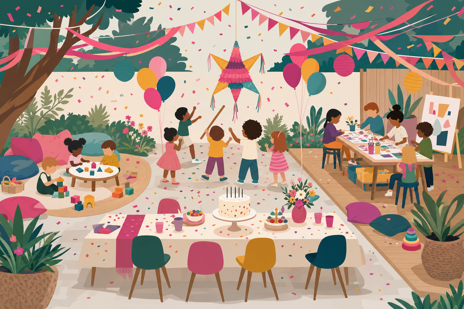 Flat illustration of a birthday party scene divided into zones for toddlers, little kids, and big kids, all connected by shared decorations and a party table, representing a mixed-age birthday celebration.