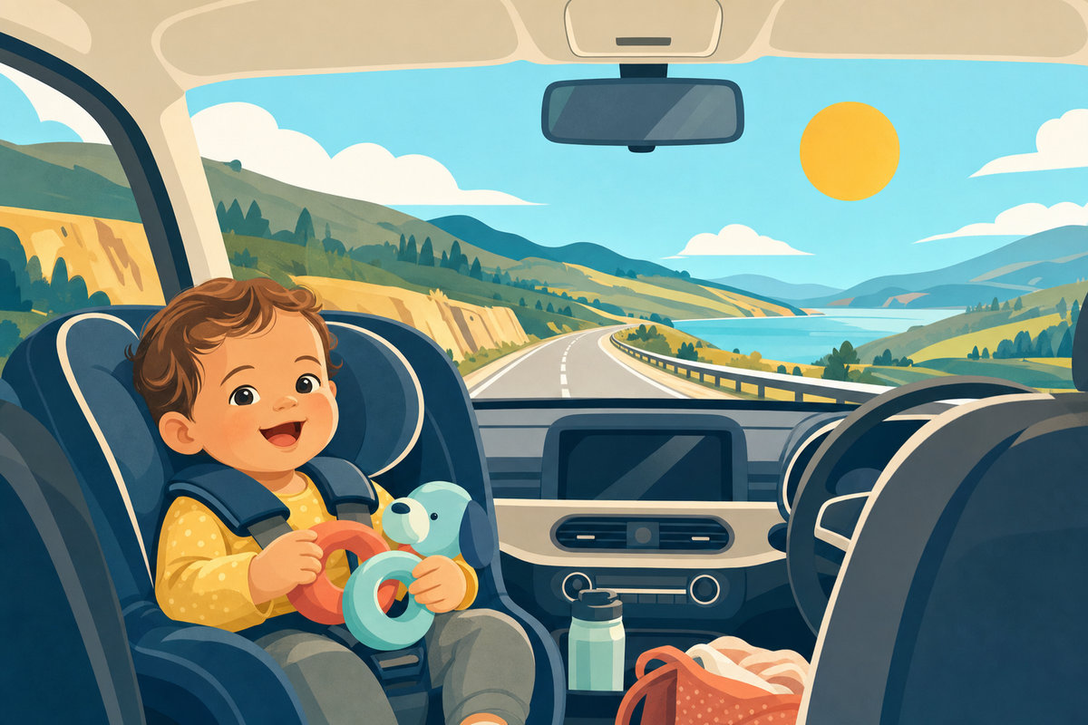 Toddler happily playing with toys in car seat during a long road trip, with scenic highway visible through windshield