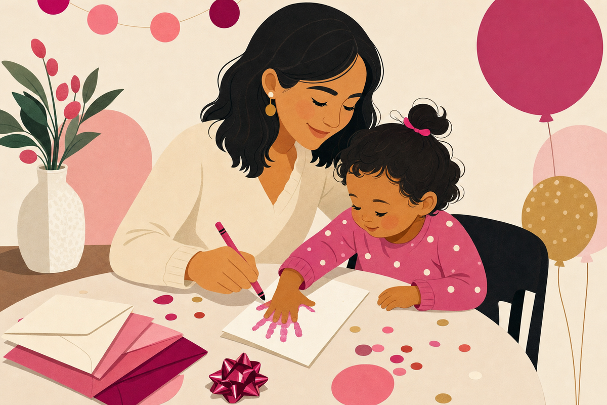 Flat illustration of a parent helping a toddler make a handprint on a thank-you card, surrounded by envelopes and confetti.