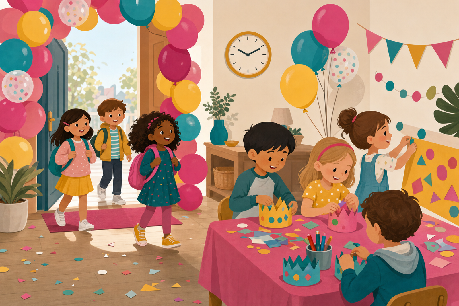 Flat illustration of kids arriving at a birthday party and starting a simple welcome activity, with balloons and confetti in a festive pink and teal color palette.