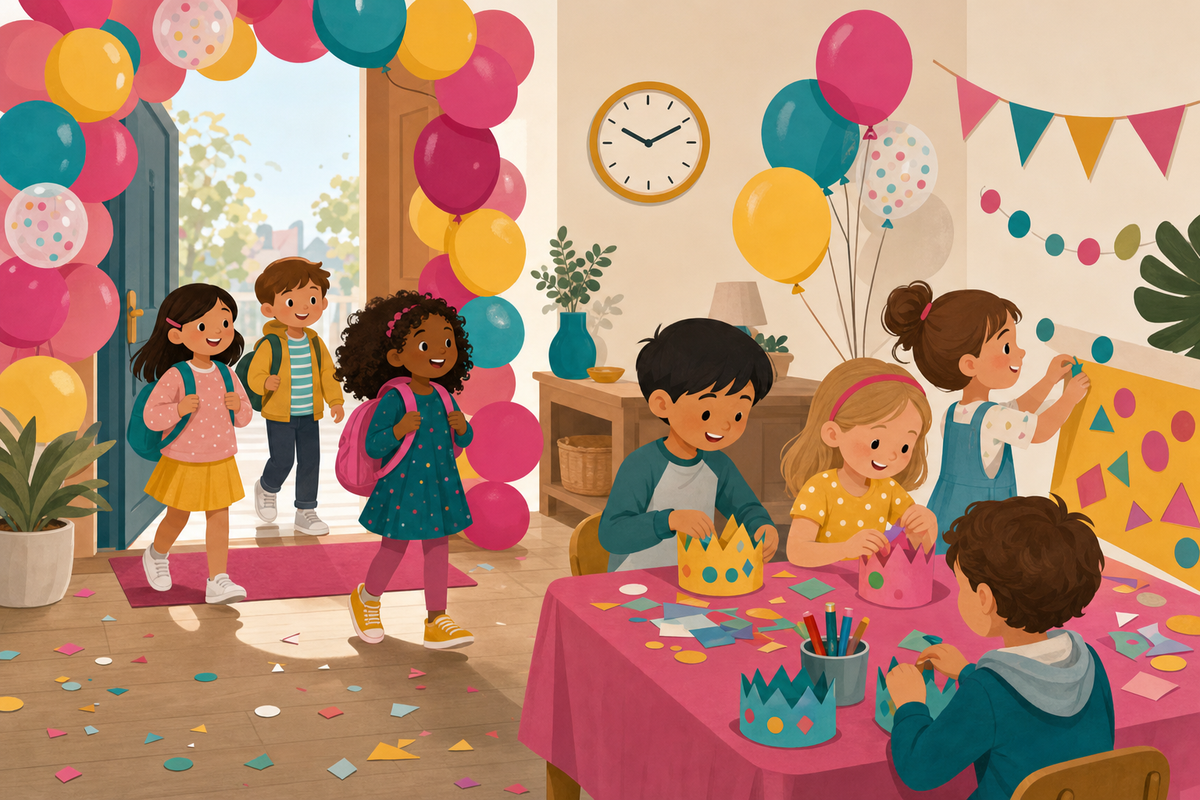 Flat illustration of kids arriving at a birthday party and starting a simple welcome activity, with balloons and confetti in a festive pink and teal color palette.