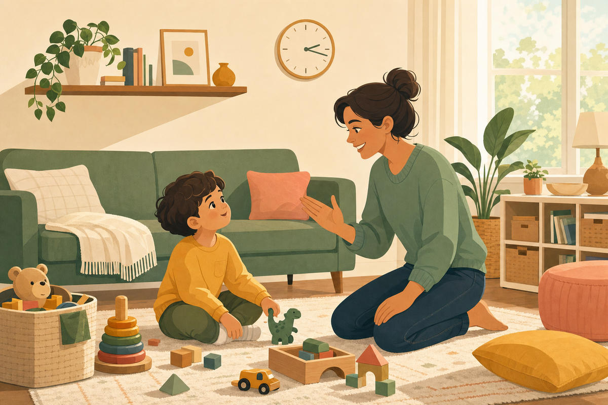 Parent helping child transition from playtime in a calm, supportive way