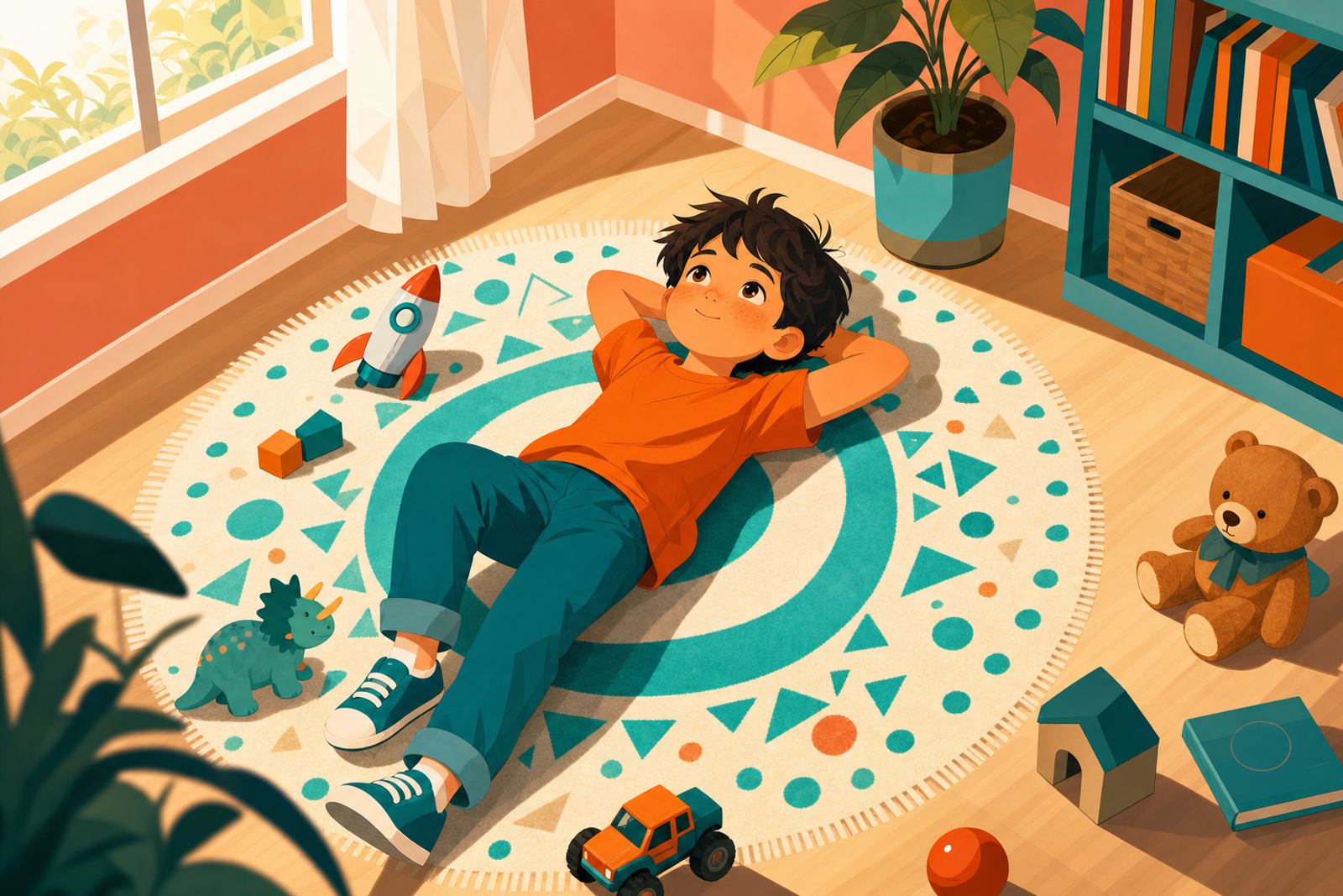Child lying peacefully on a rug in contemplative thought, representing the positive aspects of boredom