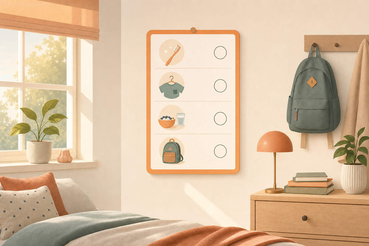 Modern flat illustration of a morning routine visual chart on a bedroom wall with simple icons showing school morning tasks