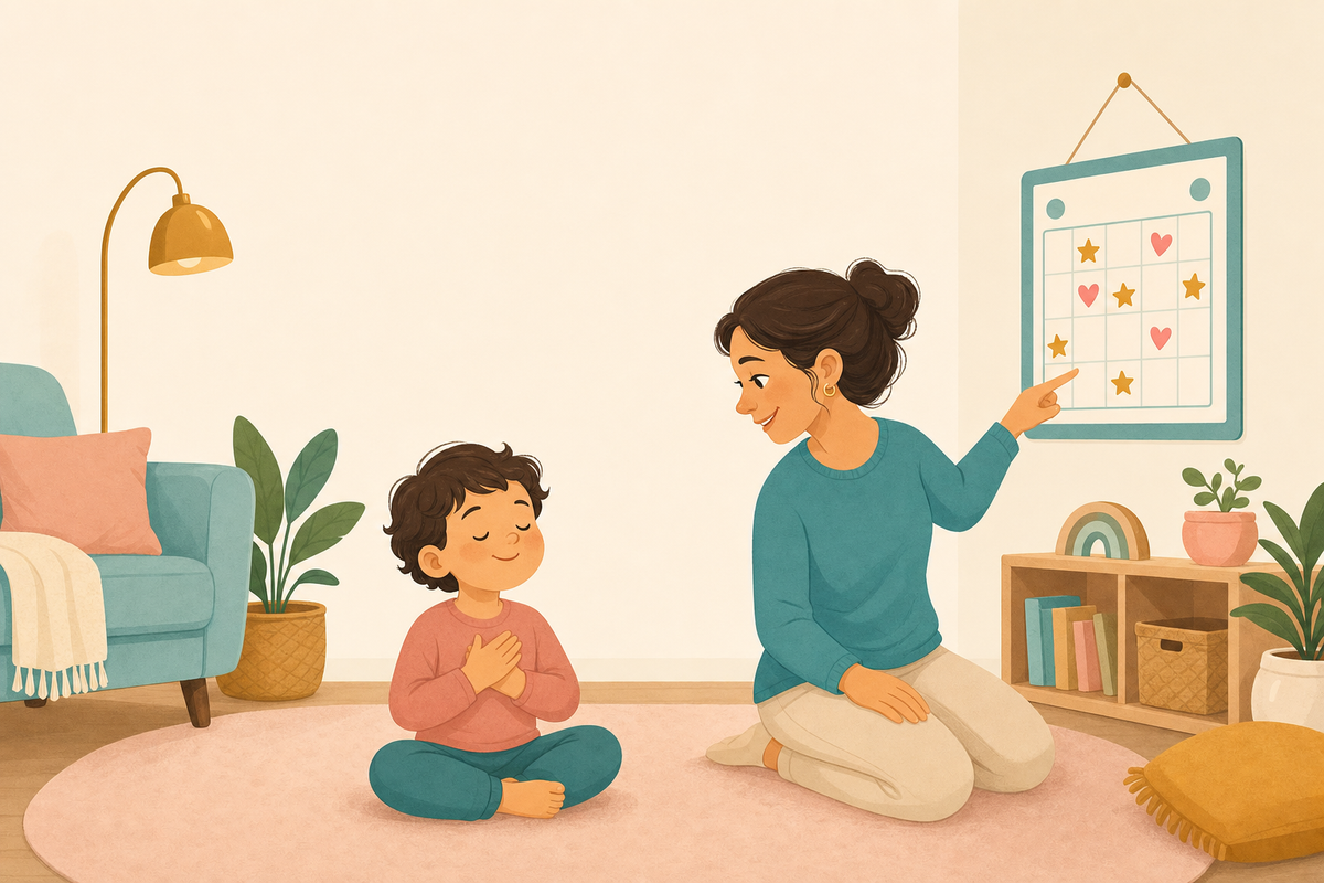 Illustration of a caregiver calmly helping a young child practice deep breathing beside a sticker reward chart, representing a positive, non-punishment approach to managing biting behavior.