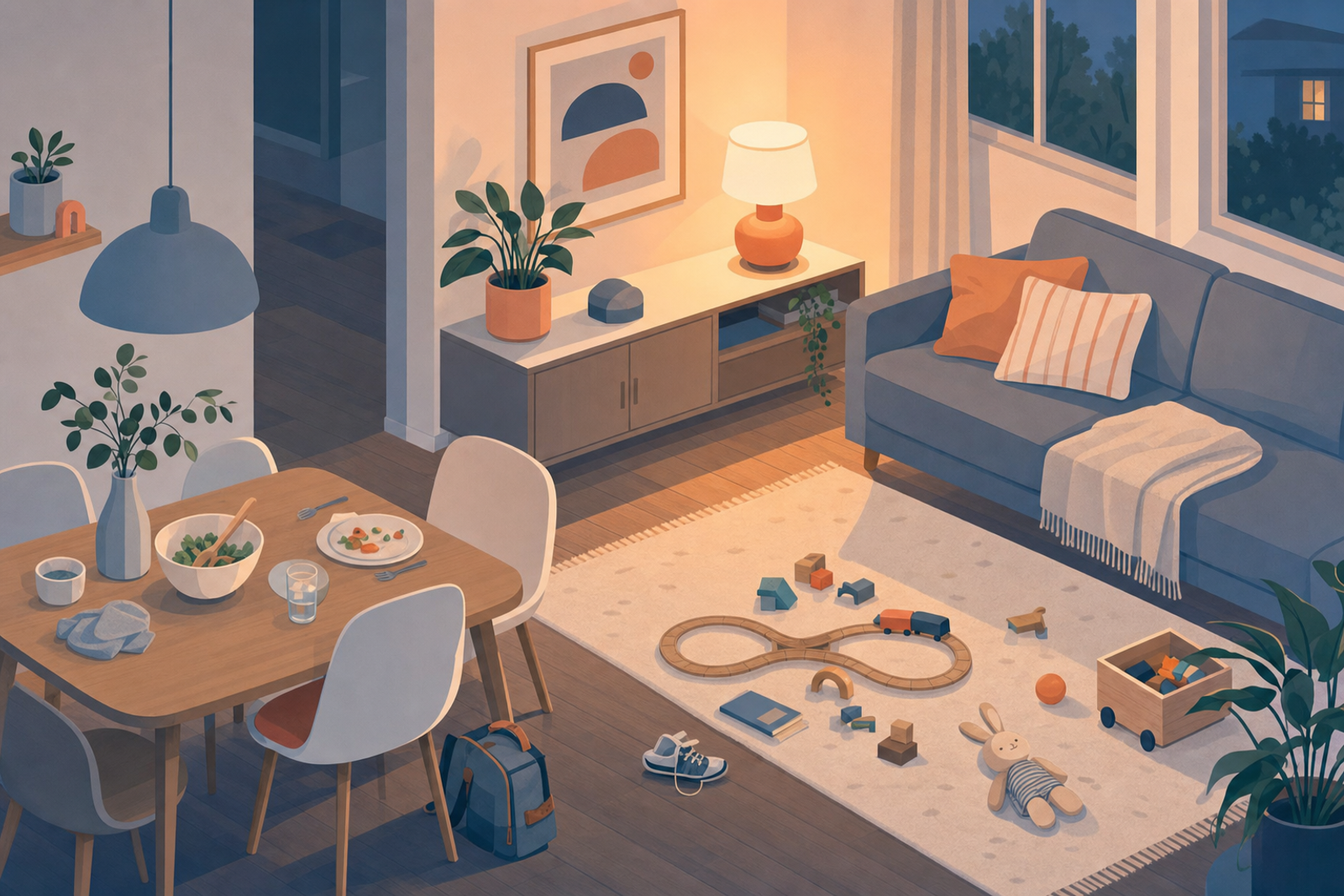 Illustration of a living room with scattered items including dishes on a table, a backpack, shoes, and toys on the floor in soft pastel colors