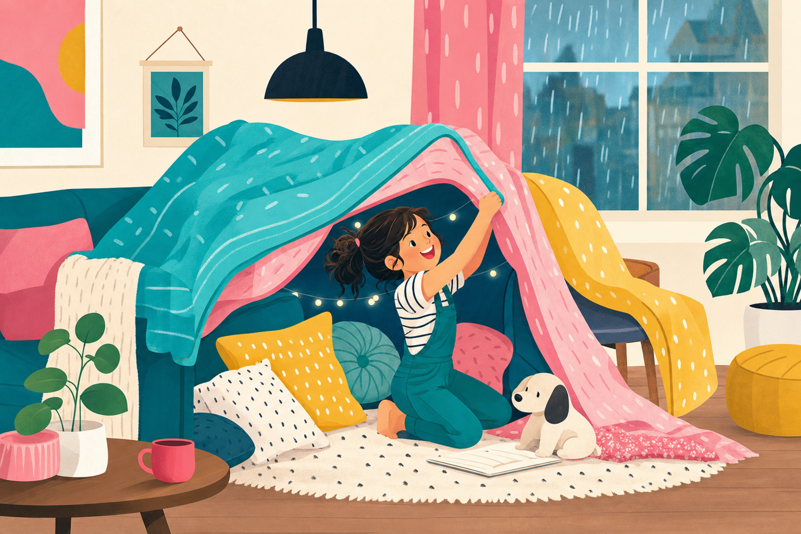 Cheerful child building a colorful blanket fort indoors on a rainy day