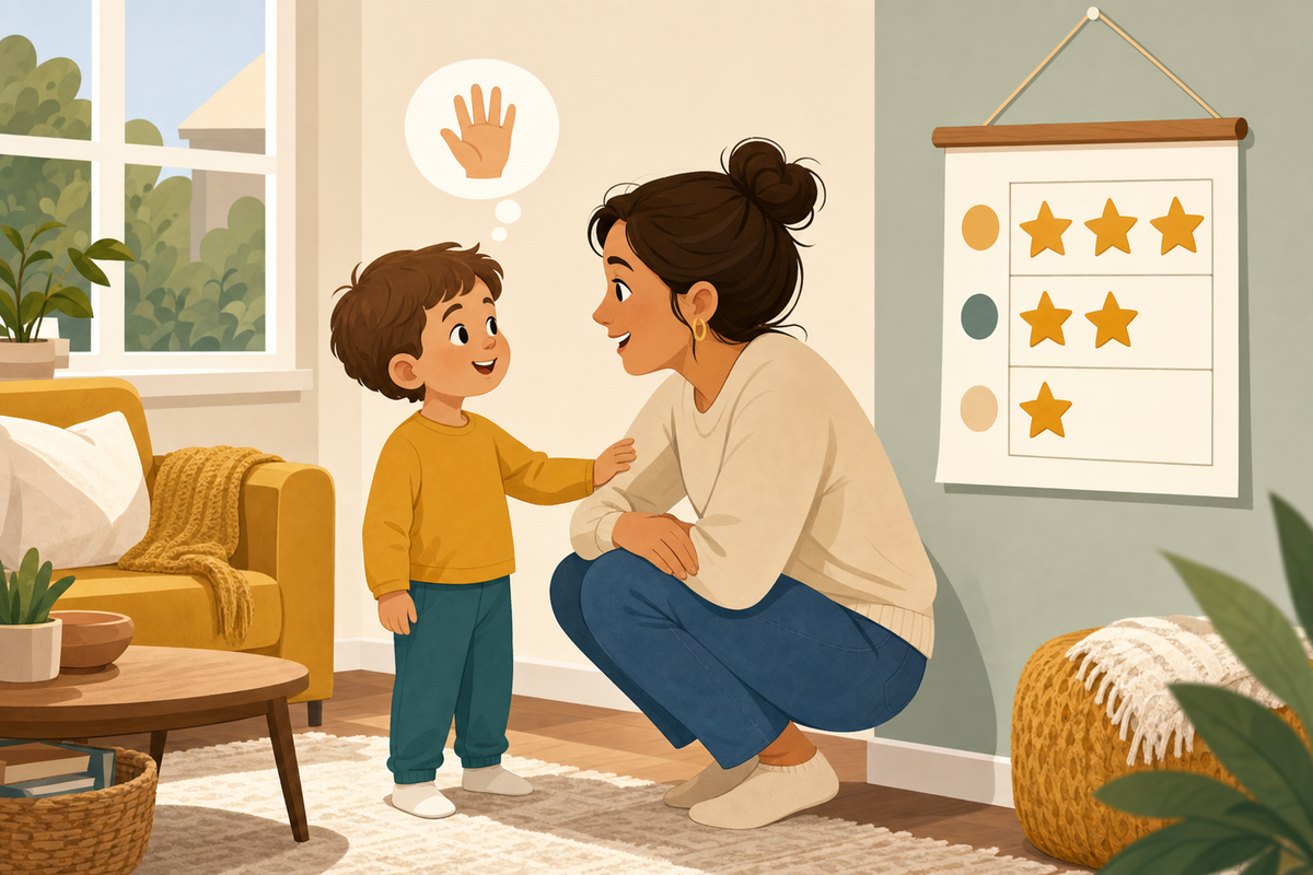 Flat illustration of a parent calmly talking with a child who waits patiently, next to a printable reward chart with gold star stickers on the wall.