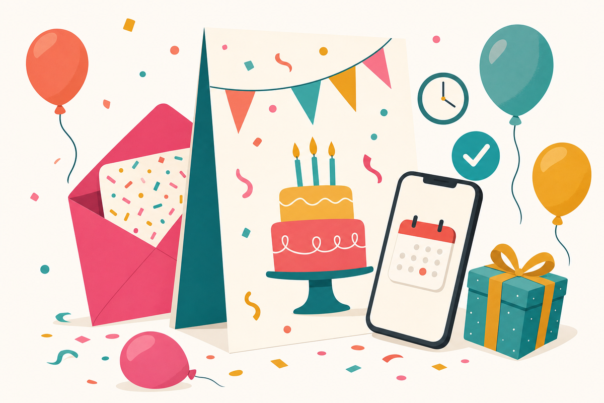 Flat illustration of a birthday invitation card with a clock and checkmark icon, a smartphone showing a calendar icon, and festive balloons and confetti, symbolizing clear invitation wording that helps parents RSVP on time.