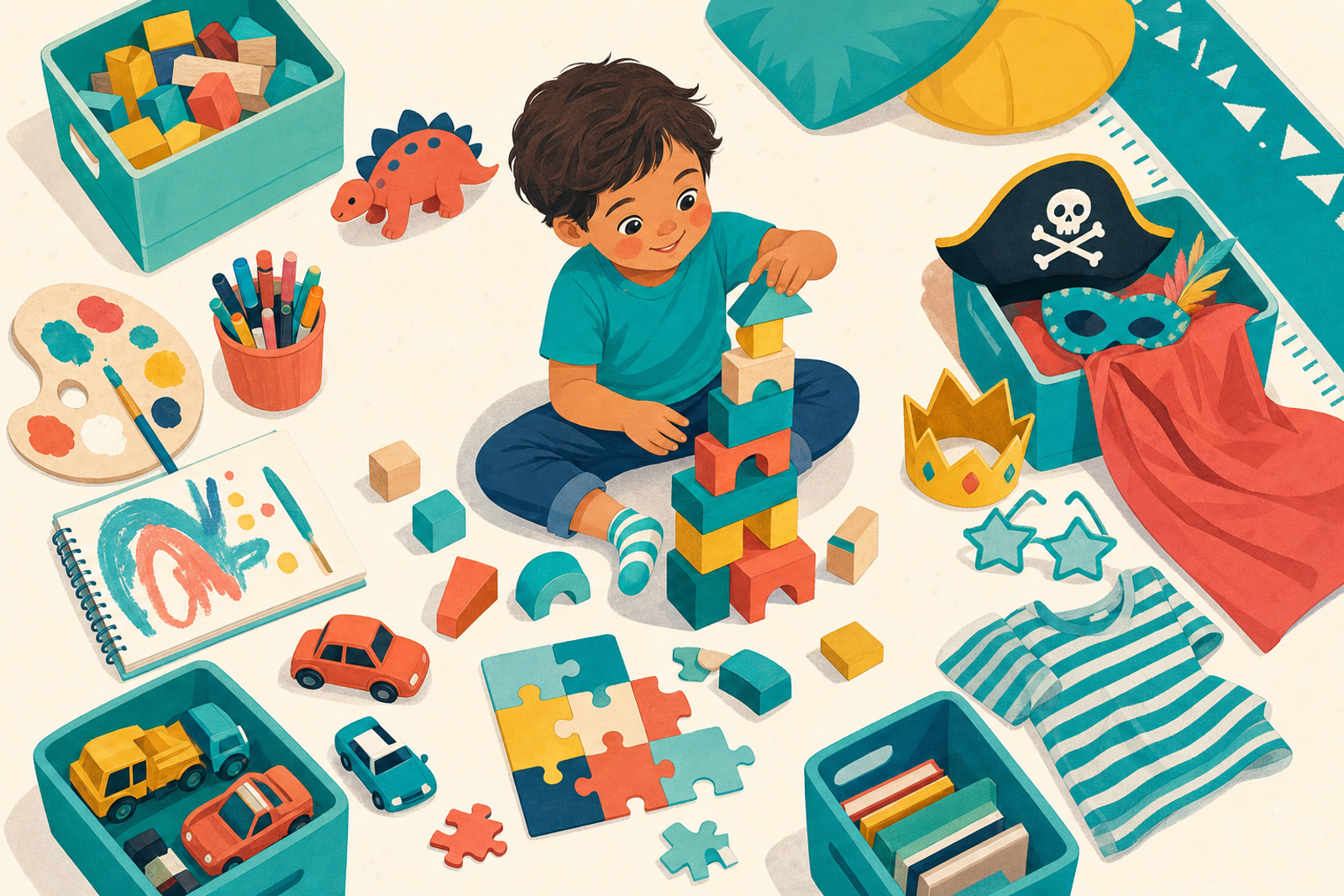 Illustration of a 4-year-old child happily engaged in independent play with various toys and activities arranged around them
