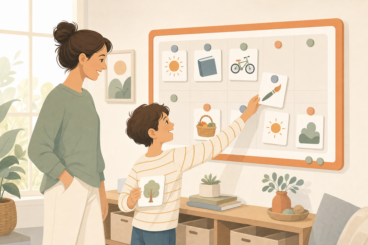 Flat illustration of a parent and child rearranging movable icon cards on a wall planner, symbolizing a flexible school-holiday visual schedule.